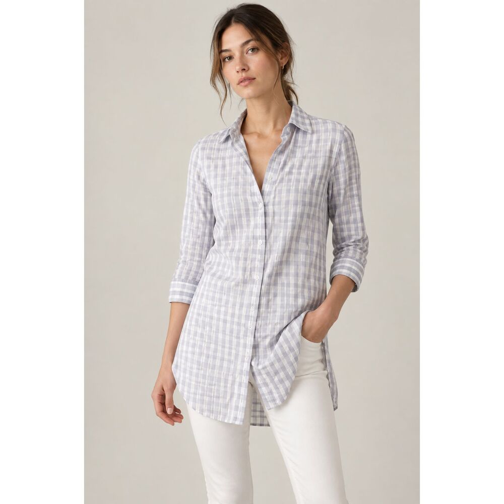 Theory Plaid Shirt Dress Size 4 Women’s Blue White Button Front 3/4 Sleeve - Picture 2 of 7